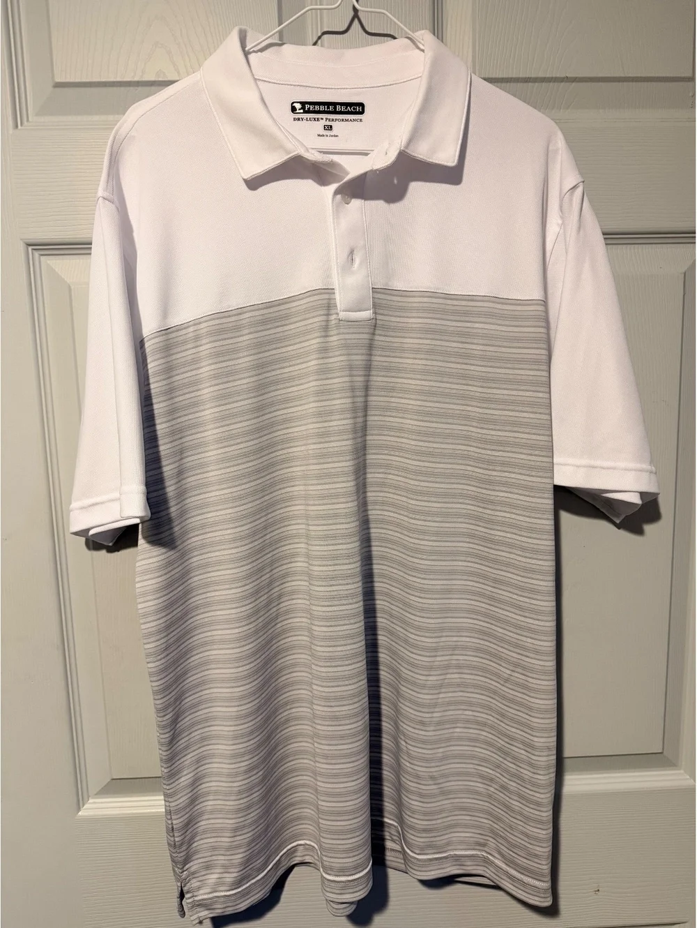 Pebble Beach white and gray striped polo shirt